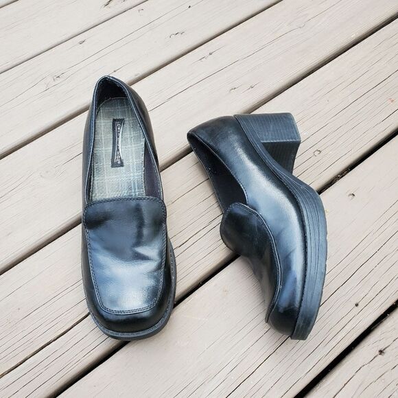 Vintage 90s y2k Bratz Black Vegan Leather Platform Oxford Chunky Heel Loafers - Picture 1 of 10